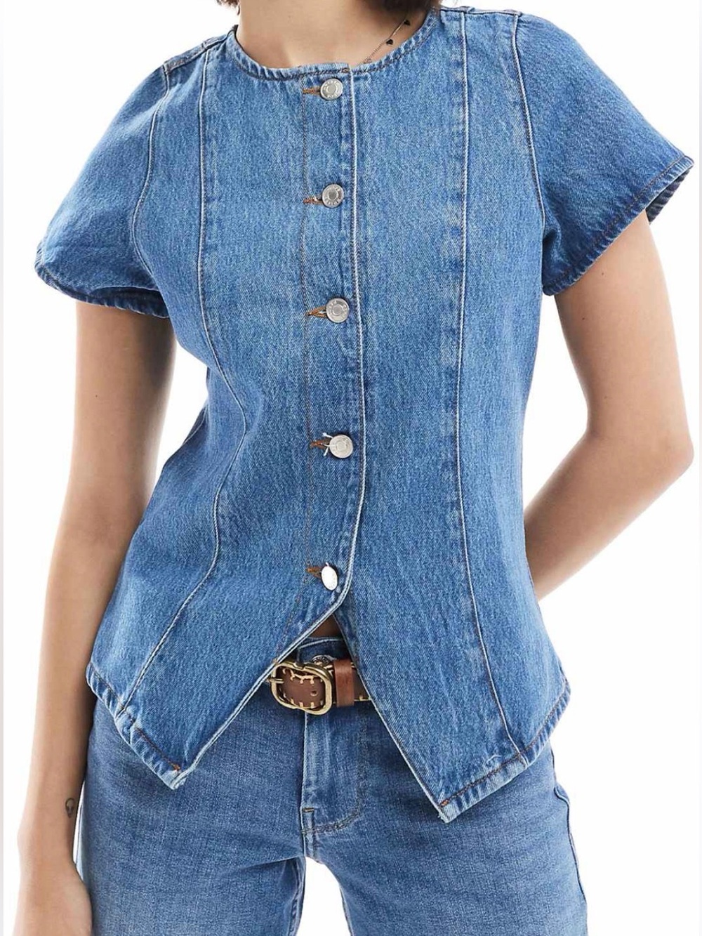 ASOS Blue Denim Button-Front Cap Sleeve Top